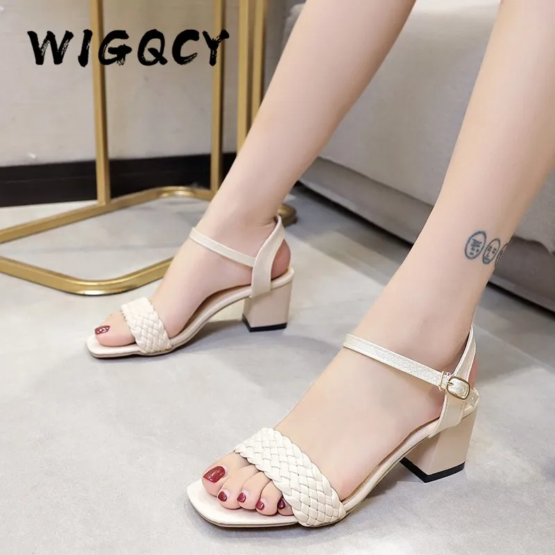 Women Sandals Female Square High Heels PU Leather Sandals Open Toe Lady New Summer Shoes Solid Soft Comfort Buckle Strap Sandals