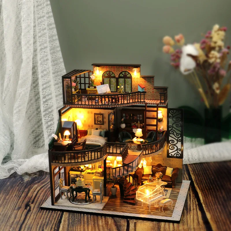 Diy Wooden Doll House Miniature Building Kits Modern Loft With Furniture Casa Dollhouse Toys For Children Girls Birthday Gifts