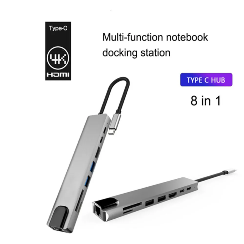 

Док-станция USB3.0 1080P 8-в-1 Type-c, USB-концентратор HDMI + RJ45 + PD + док-концентратор USB3.0, 4K HD, док-концентратор для быстрой зарядки PD