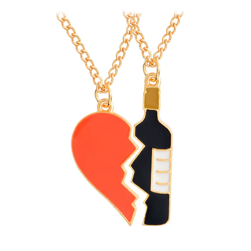 New 2pcs/Set Splice Best Friends Forever Couple Necklace Best Buds Lighter and Cigarettes Broken Heart Shape Pendant Necklace