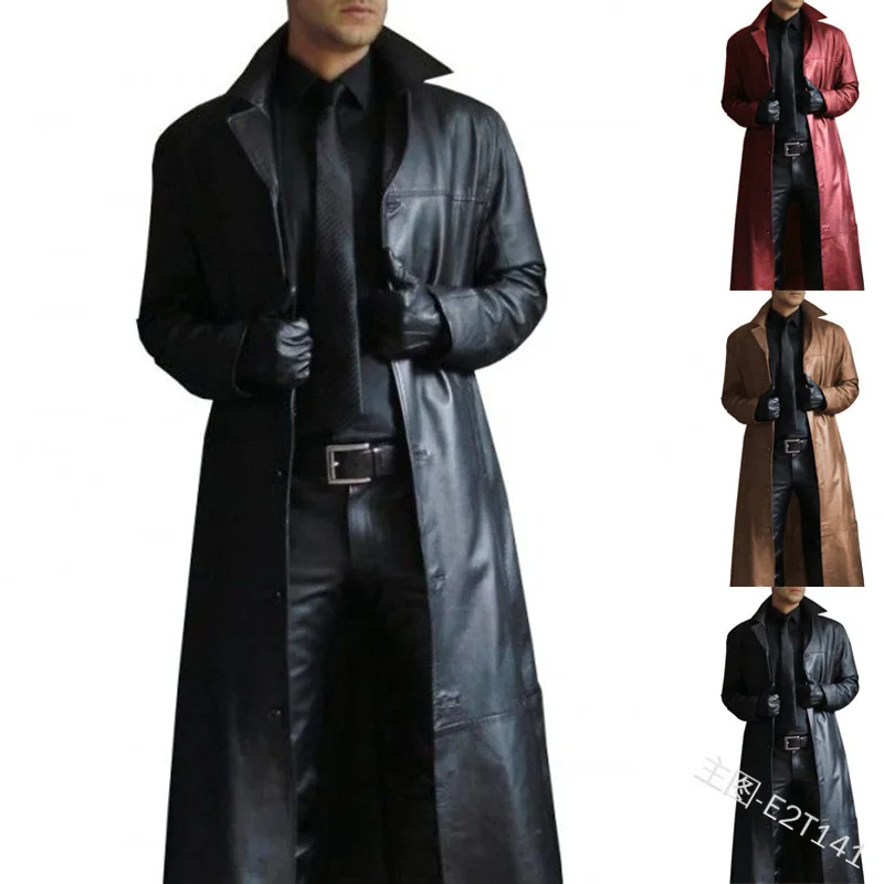 Men'sTrench Vintage Medieval Leather Long Jacket Pure Color Long Sleeve Double Breasted Outwear Coat Winter Warm Jackets