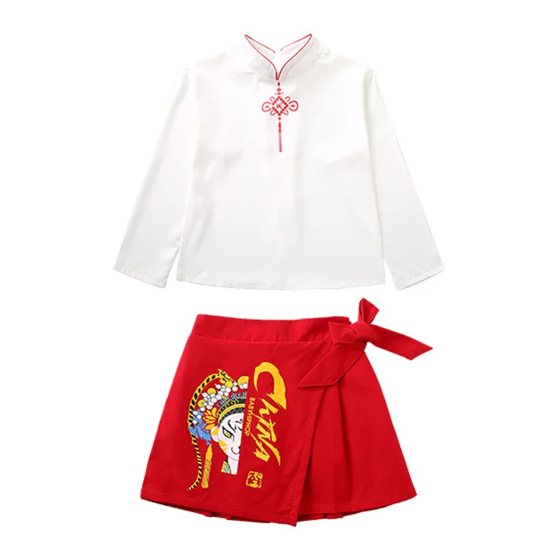 Chinese Traditional New Year Hanfu White Red Shirt Top Black Pants Skirt for Girls Boys Stage Dance Performance Costume Clothes