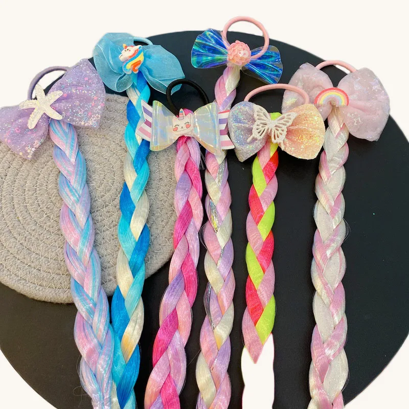 2021 New Cute Unicorn Ponytail Hair Ropes for girls Cartoons Colorful Wig Hair Bands Princess Elastic Bow hair tie ring Kid gift