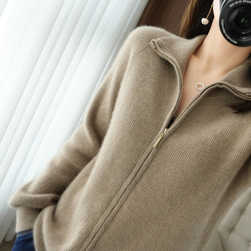 Spring Autumn New Women Turndown Collar Sweater Pure Cashmere Wool Zipper Cardigan Fashion Female Tops Soft Knitted Jacket