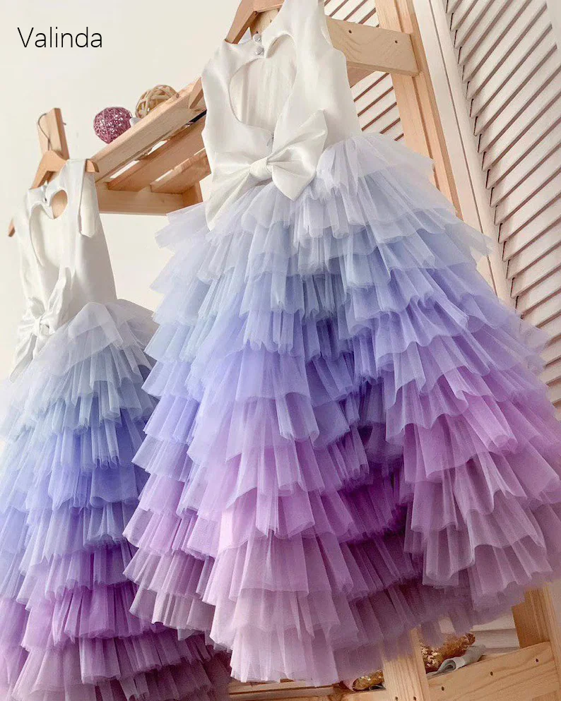 Heart Back Girl Dress for Birthday Party Ombre Tiered Tulle Skirt Formal Occasion Pageant Gowns Kids Costume