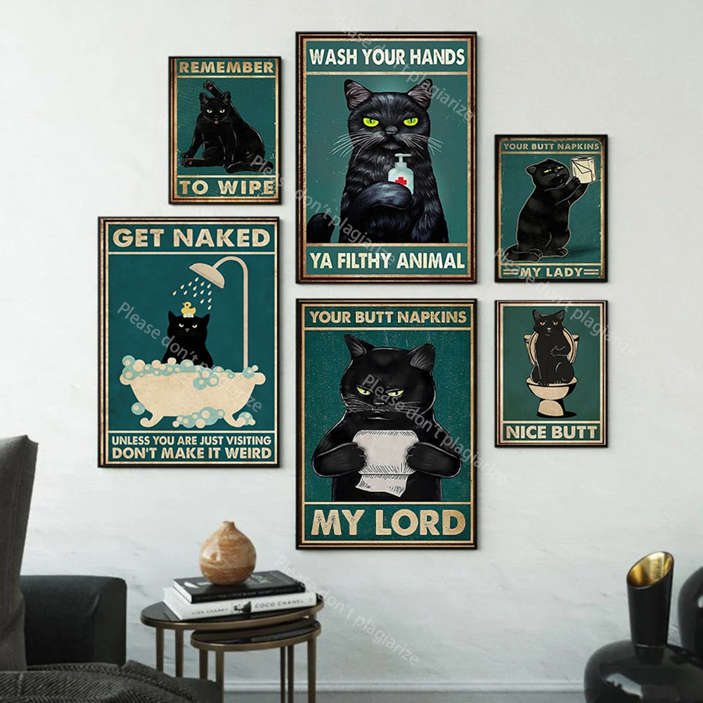 Mental Black Cat Vintage Poster Your Butt Napkins My Lord Art Print Wash Your Hand Funny Bathroom Canvas Painting Cafe Bar Decor