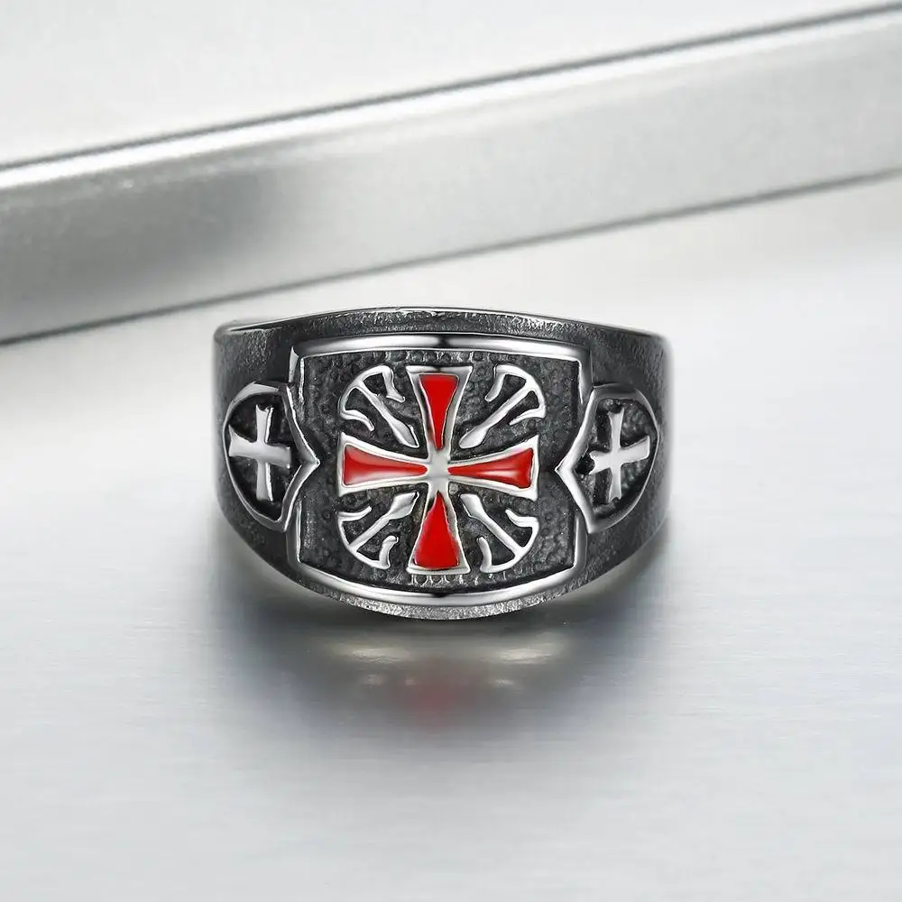 Drop shipping US Size 7 - 14 Stainless steel Red Armor Shield Knight Templar Crusade Cross Ring Medieval Signet Retro Vintage