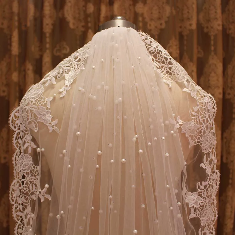 Voile de mariée court avec peigne, bord en dentelle, avec perles, un mètre, nouveaux accessoires de mariage