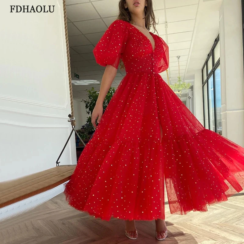 FDHAOLU FU127 Sparkly V-Neck Red Prom Dresses Puff Sleeves A-Line Evening Dresses Starry Tulle Tea-Length Formal Party Dress