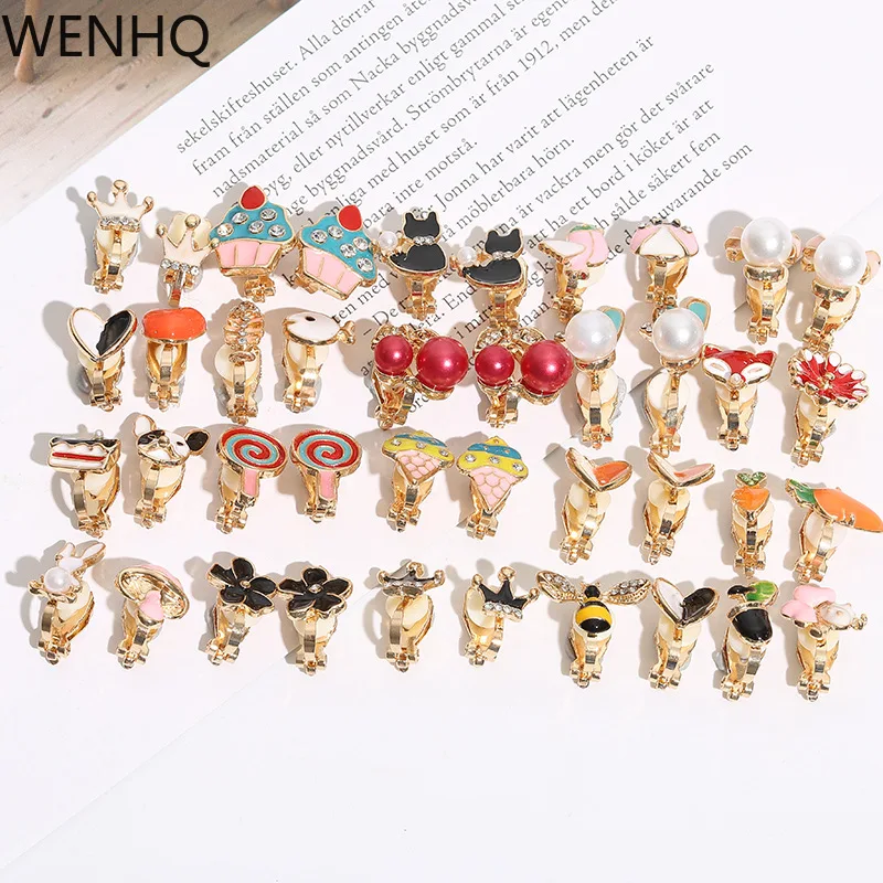 WENHQ Gold Color Cartoon Clip on Earrings for Girl Kids Fashion  Flower Fish Heart Crown Shape No Pierced Cuff Earrings Ear Clip