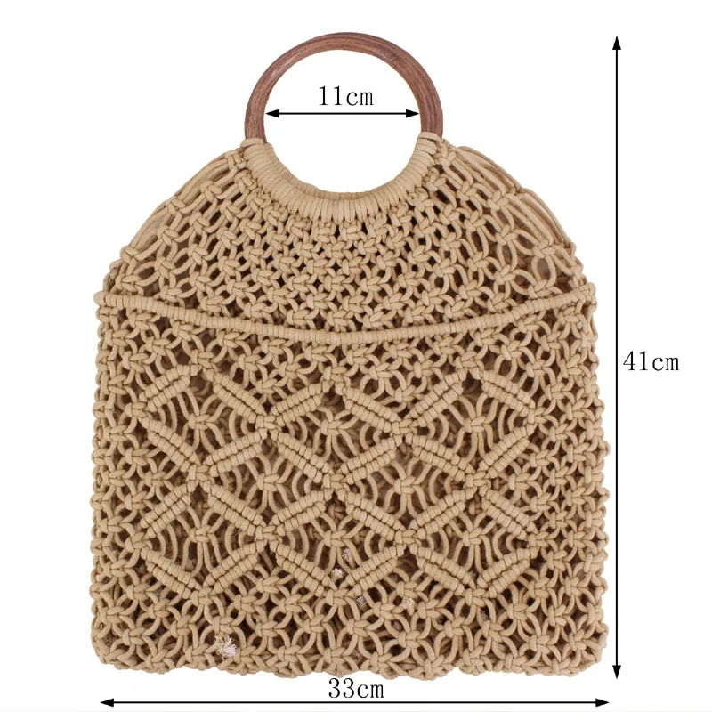 Woven women\'s Handbag Top-Handle Net Bag Handmade Summer Straw Beach Bags Bohemia Female Hollow Round Handle Tote Mesh Bag