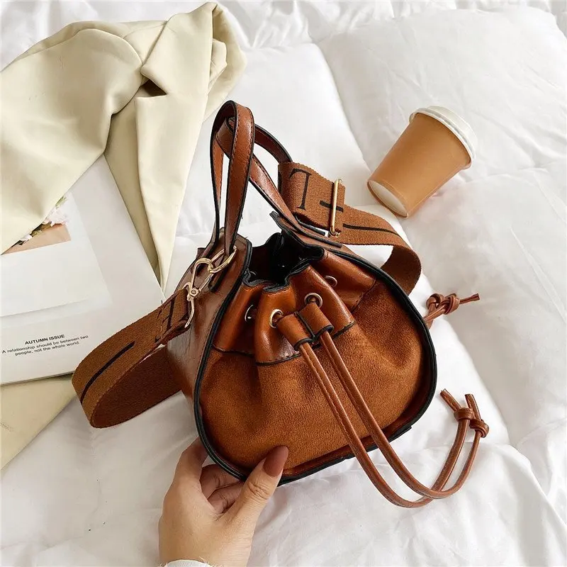 Side Bags for Women 2021 New Vintage Wide Shoulder Bag Woman Nubuck PU Leather Bucket Bag String Luxury Pleated Crossbody Bags