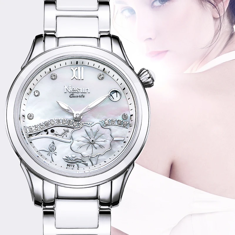 NESUN Japan MIYOTA Quartz Movement Watches for Women Waterproof Clock Rhinestone Skeleton Auto Date N9072L Luxury Brand