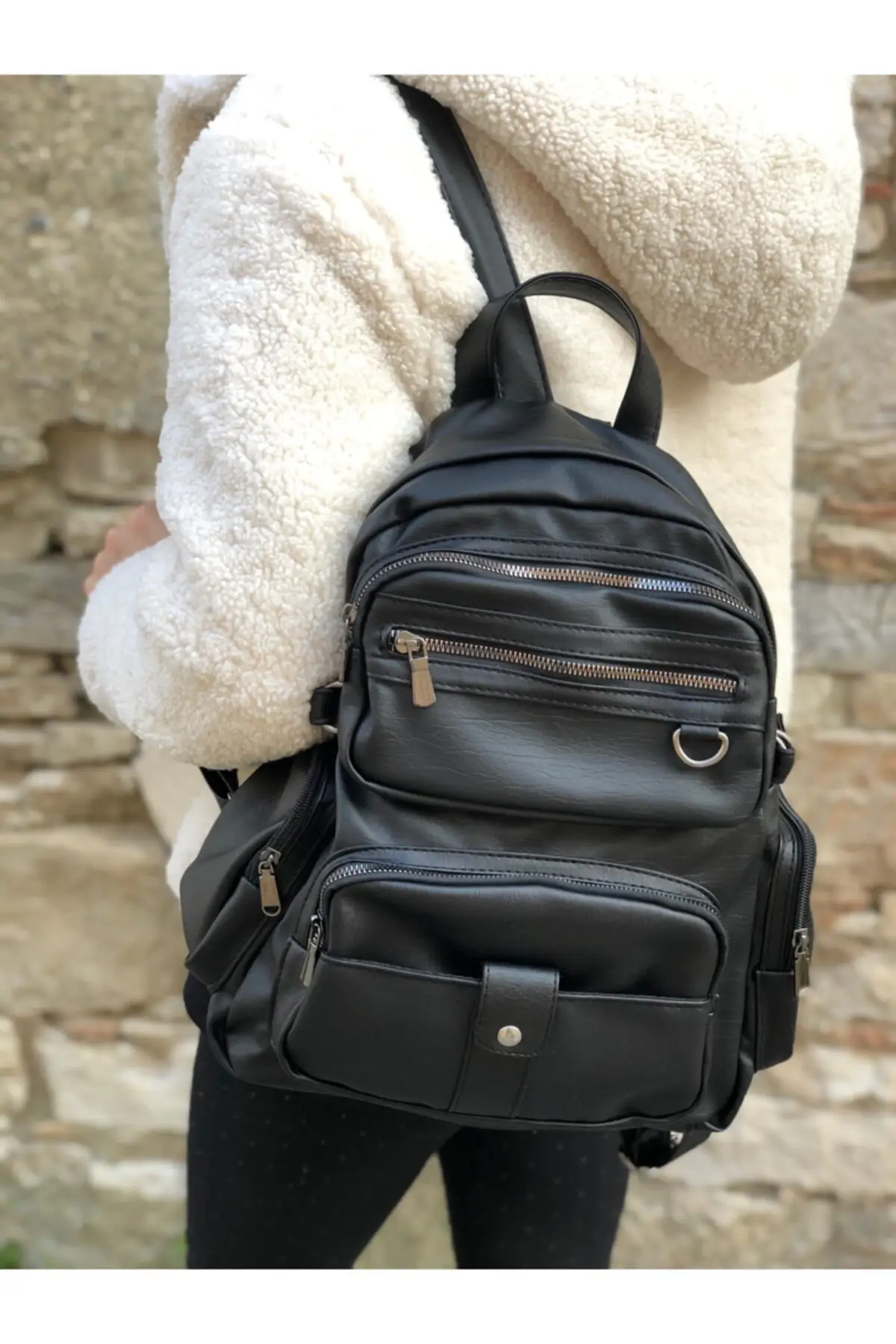 Black Washed Leather Women 'S Backpack