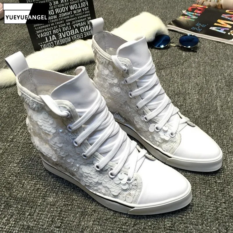 

New Fashion Women High Top Genuine Leather Wedges Shoes Hidden Heels Hollow Out Mesh Sequins Lace Up Casual Pumps Platform Shoes