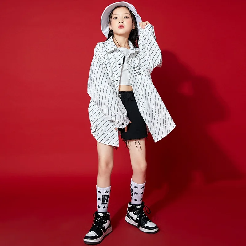 Kid Cool Kpop Hip Hop Clothing Print Oversize Shirt Crop Tank Top Black Washed Jeans Shorts for Girls Jazz Dance Costume Clothes