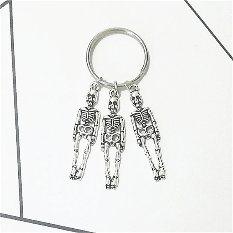 Punk Skeleton Keychain Antique Silver Color Skeleton Keyring, Halloween Theory Keychain, Cute Skull Charm, Cool Bags Pendant