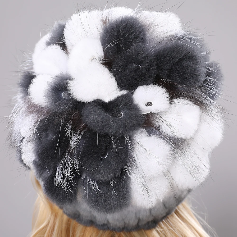 Fur Hats for Women Winter Real Rex Rabbit Hat Fox fur kniting female warm snow caps ladies elegant princess beanies cap