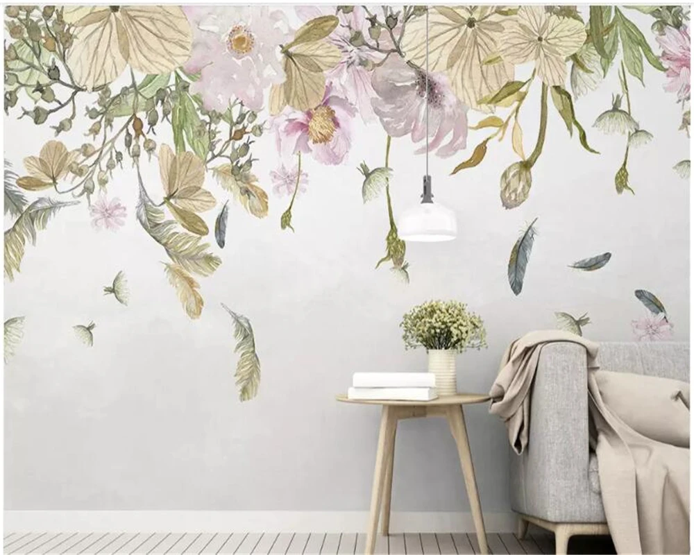 

Modern wallpaper minimalistic small fresh leaves floral feathers watercolor style background wall papel de parede 3d wallpaper