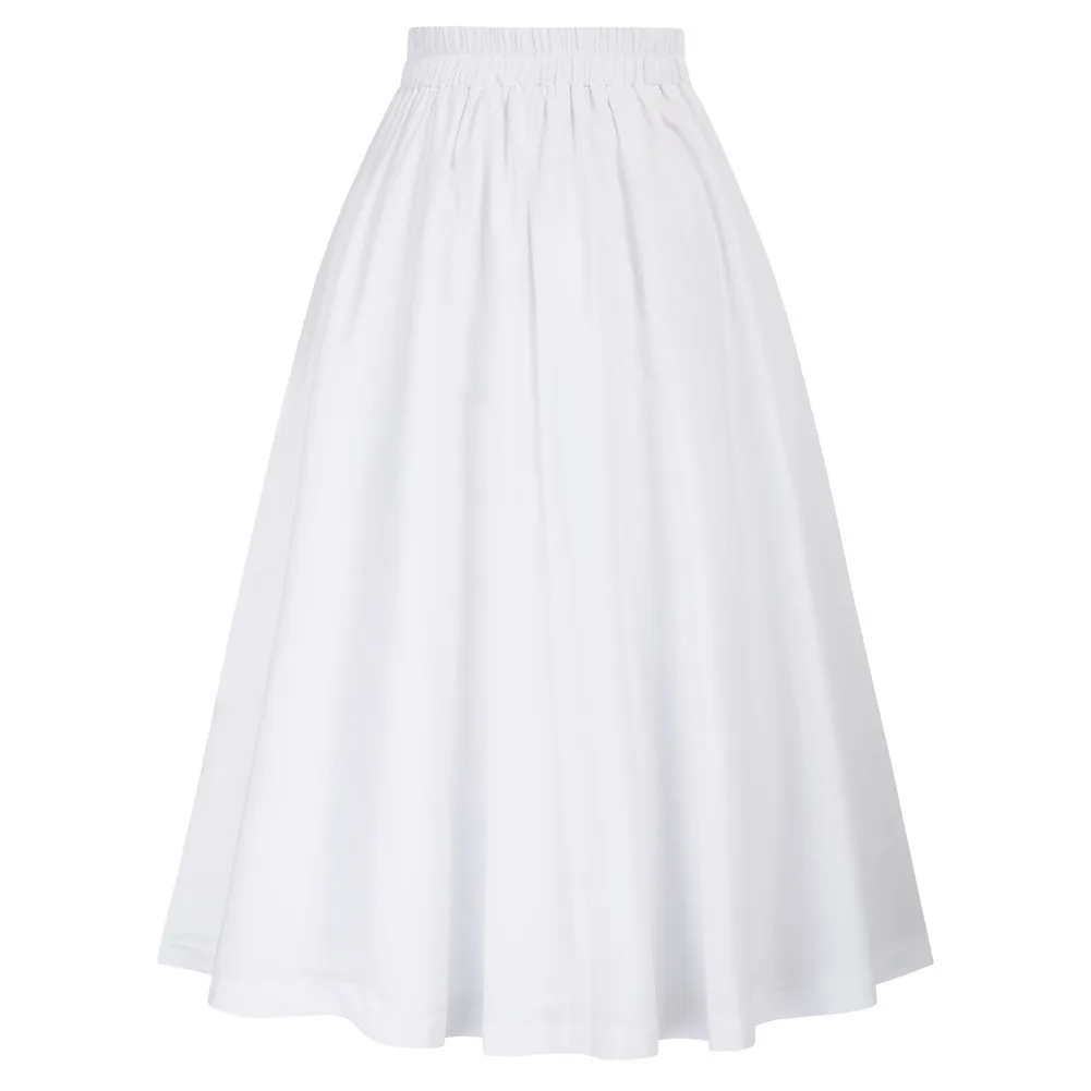 Women Vintage Skirt High Waist Buttons Decorated Flared A-Line Skirt White Knee Length School Youth Girl Lady Pleated Skirts New