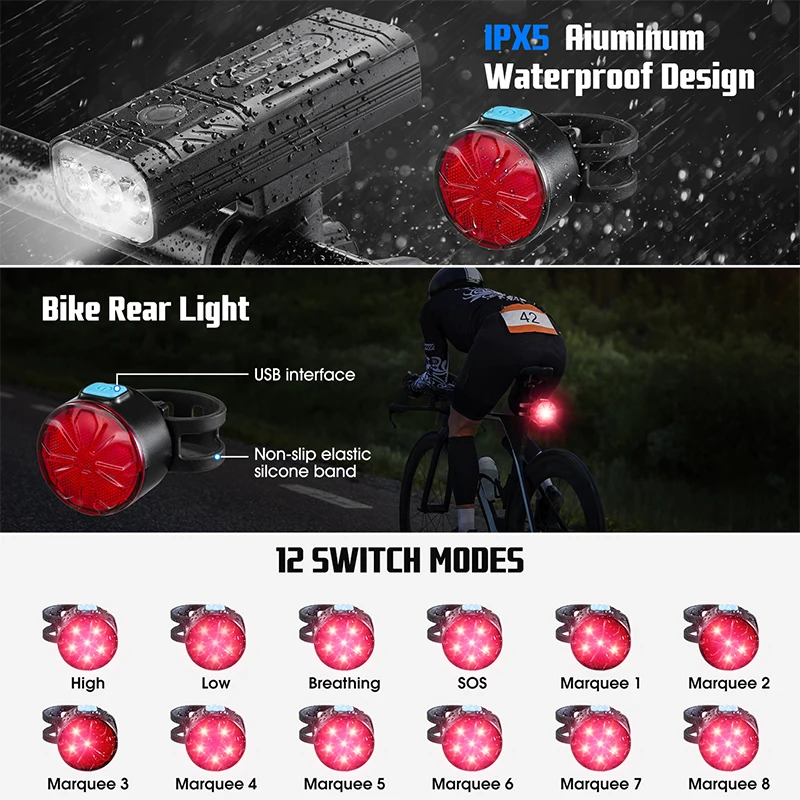 Bicycle Light Front Rear Light 3000Lumen 5200mAh Motor Bike Headlight Protable Power Bank Flashlight MTB Road Cycling LED Lamp