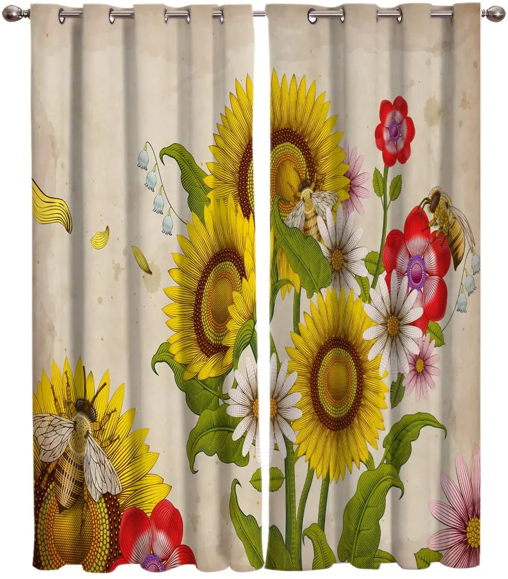 Living Room Decoration Blackout Curtains Retro Bee Collecting Nectar Sunflower Double Bedroom Luxury Curtains for Living Room