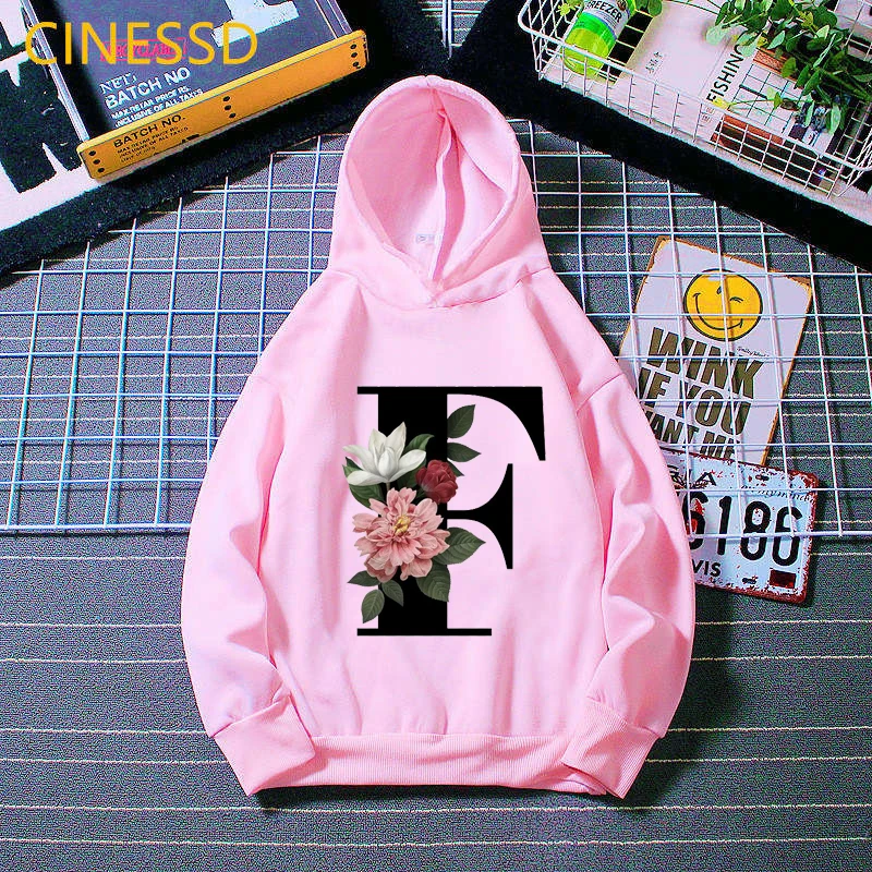 Letters 26 English Alphabet flowers print pink cap sweatshirt for children kids girls winter clothes boys plus velvet hoodies