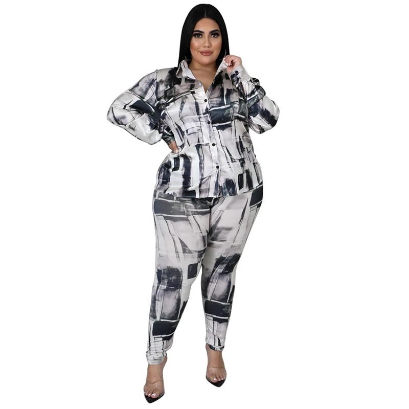 Plus Size Clothing 2 Piece Sets Womens Outfits Ladies Long Sleeve Shirt and Pants Office Satin Suit Wholesale Dropshipping