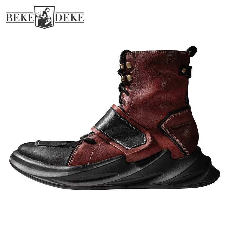 New Fashion Mens Horse Leather High Top Sneakers Biker Riding Designer Genuine Leather Ankle Boots Cargo Work Safety Shoes Male