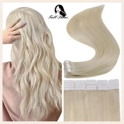 Fita de cabelo loiro puro com brilho total em extensões de cabelo humano 20 peças cola adesiva de trama de pele no cabelo feito à máquina remy humano sem costura