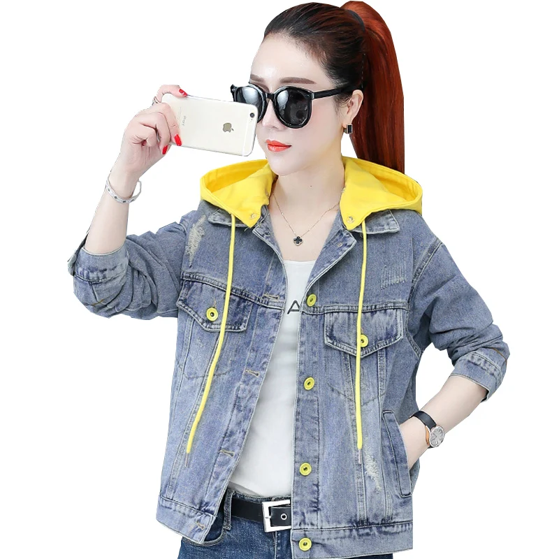 Embroidered Sequined Denim Jackets Female Hooded Short Outerwear New Spring Autumn Jacket Women  Loose Thin Jacket Lady