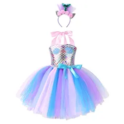 Kids Girls Halloween Cosplay Costume Toddlers Mermaid Princess Tutu Dress Prom Carnival Theme Party Dress Up Roleplay Clothes