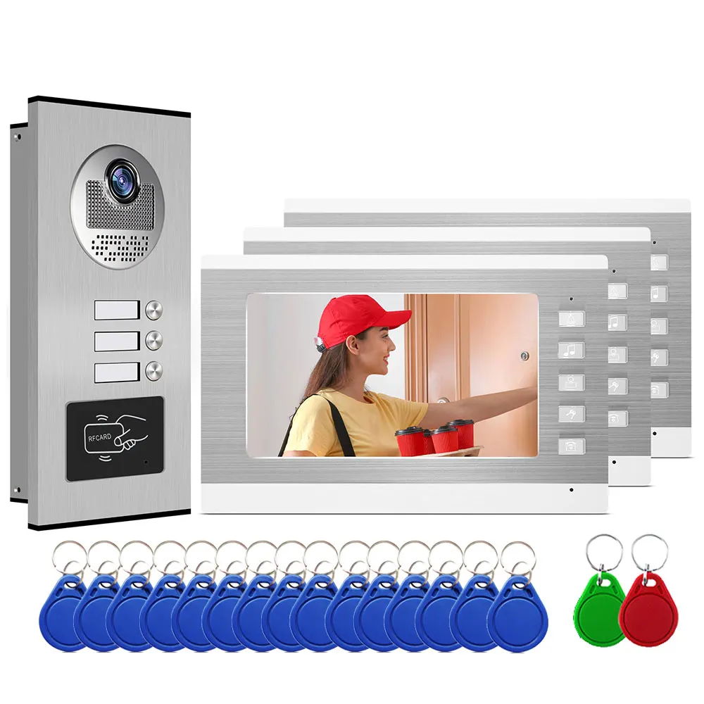 7\'\' Video Intercom System doorbell Wired Network Cable Camera with Color Video Door Phone for 3 Family Apartment