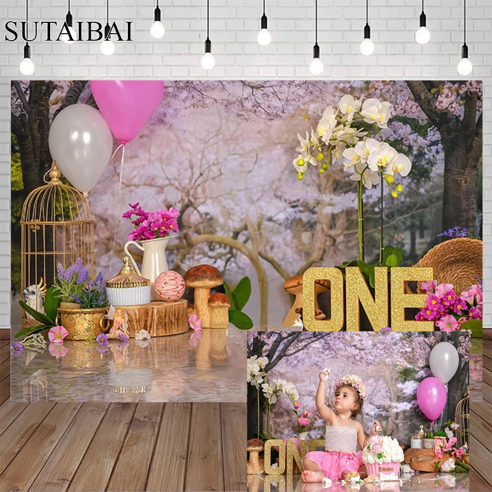 Wild Jungle 1st Girl Birthday Background Pink Balloon Mushroom Cake Crush Children Flowers Children Portrait Photography Props