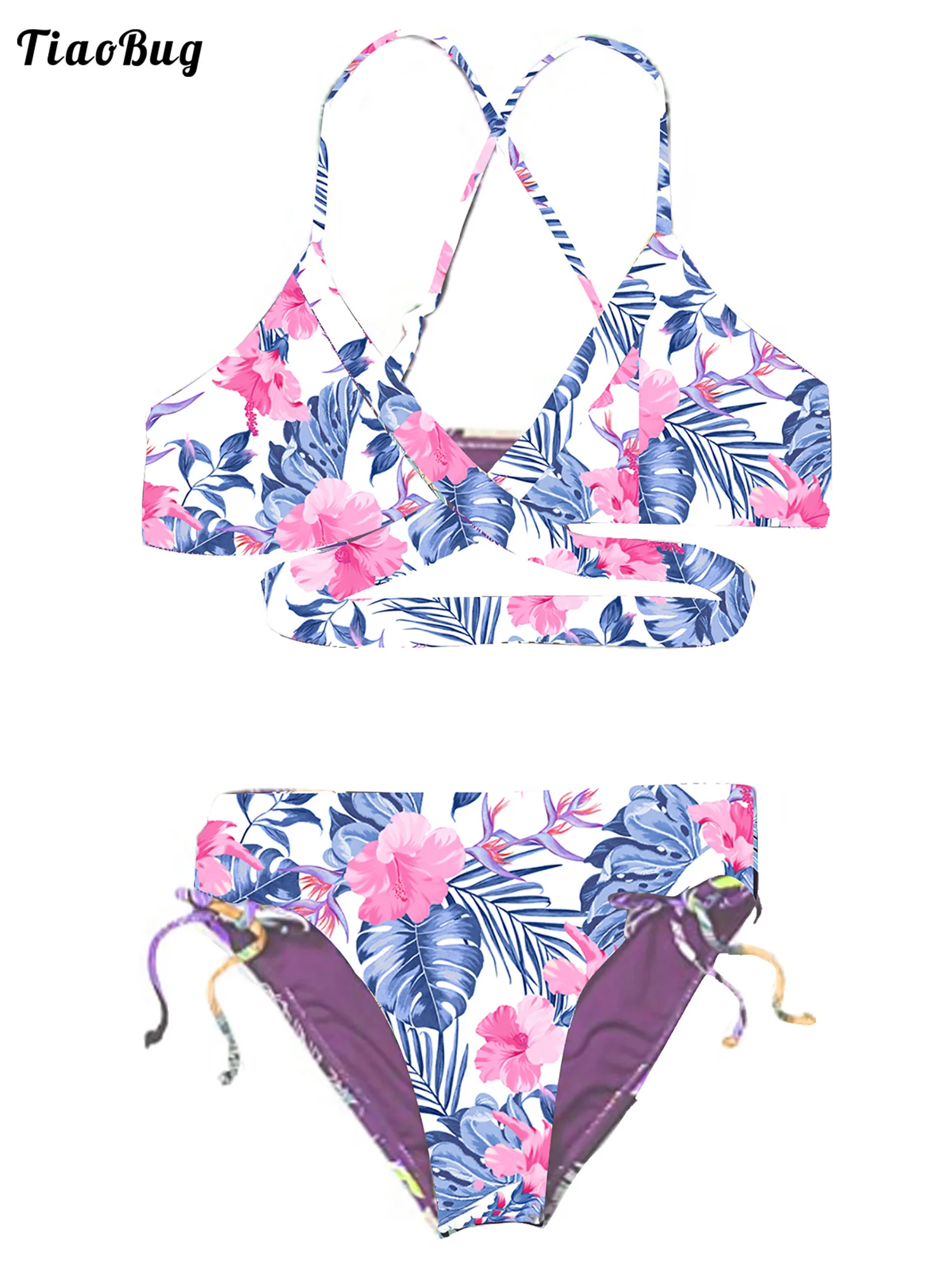 2021 Flower Printed 2Pc Kids Girl Bikini Swimsuit V Neck Adjustable Shoulder Straps Criss Cross at Rear Triangle Bra Suit