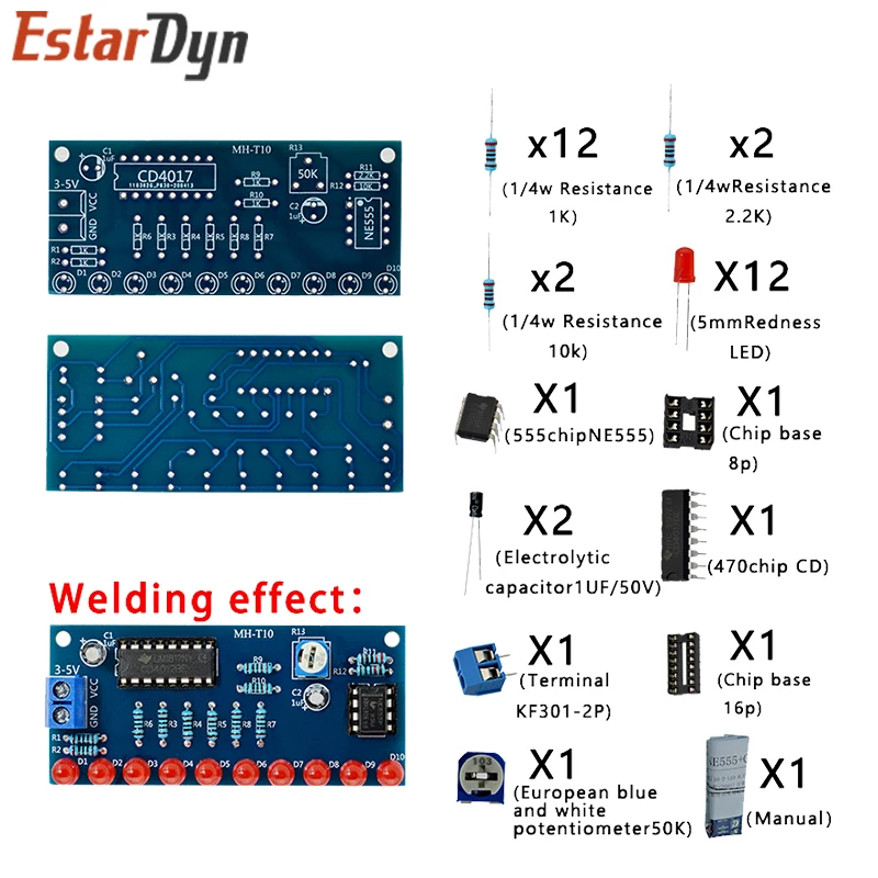 Smart Electronics Kits NE555+CD4017 Light Water Flowing Light LED Module DIY Kit Learn electronic principles, children\'s lab