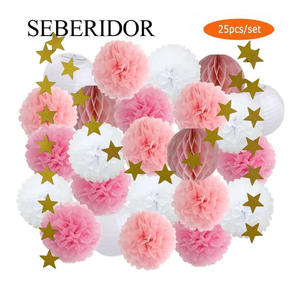 

Wedding Party Favor 8" Round Paper Ball Lantern Set Pink Blue Baby Girl Shower Decor Honeycomb Kids Boy Baptism DIY Gift Pompom