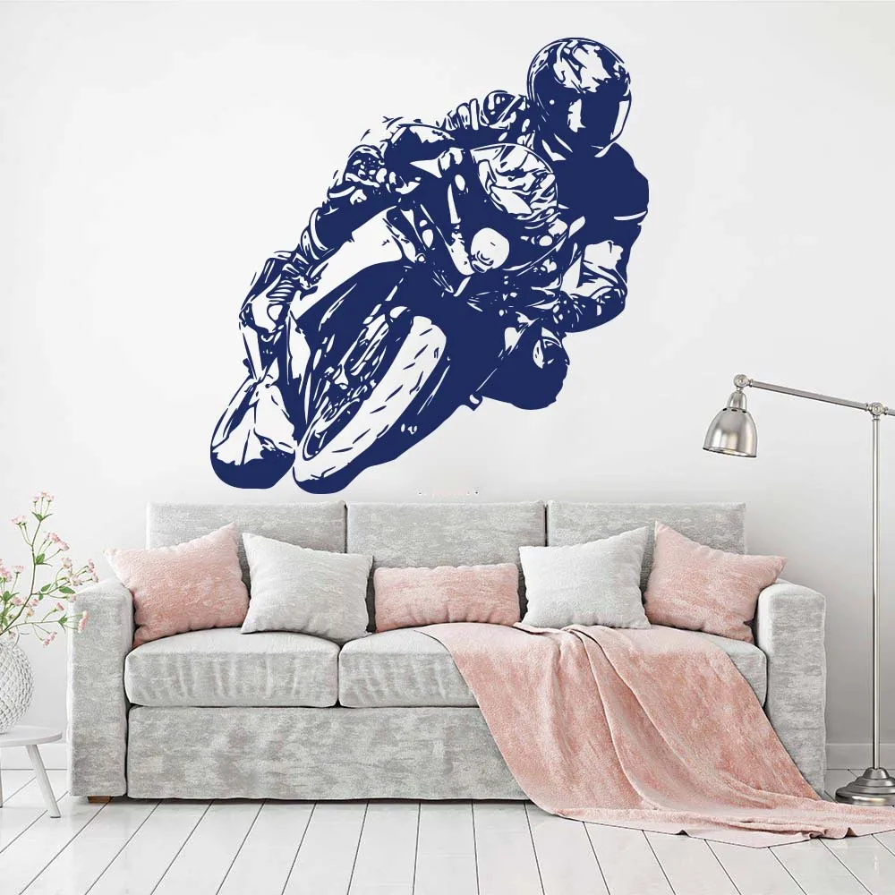 Modern Sport Racing Motorcycle Wall Decal Boy Kids Room Motorcyclist At Sport Bike Rides Wall Sticker Bedroom Playroom