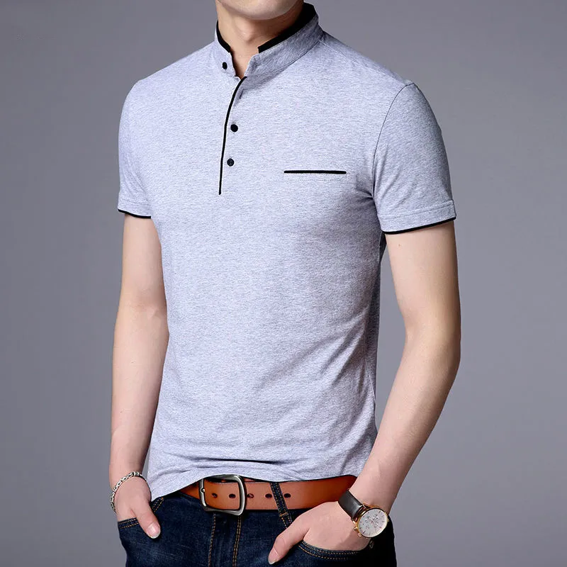 New Summer Short Sleeve Men T Shirt Fashion Slim Fit Stand Collar Men\'s Tops Tees Cotton Business Casual Mens Clothing 2022