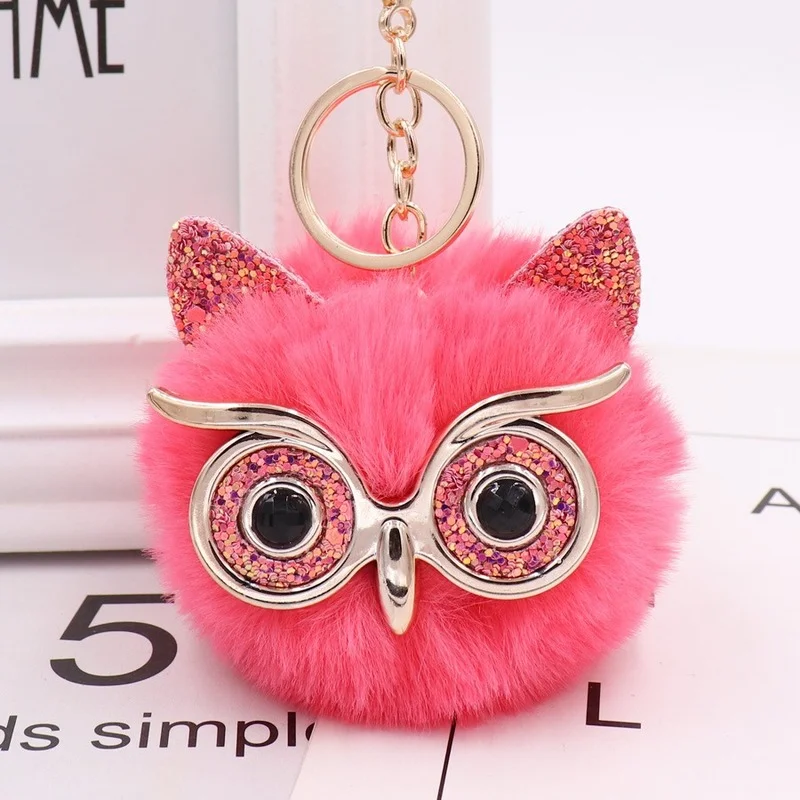 Fashion Cute Cartoon Keychain Owl Soft Pompom Animal Tail Hair Ball Car Keychain Ladies Car Bag Accessories Key Ring Mom Gift