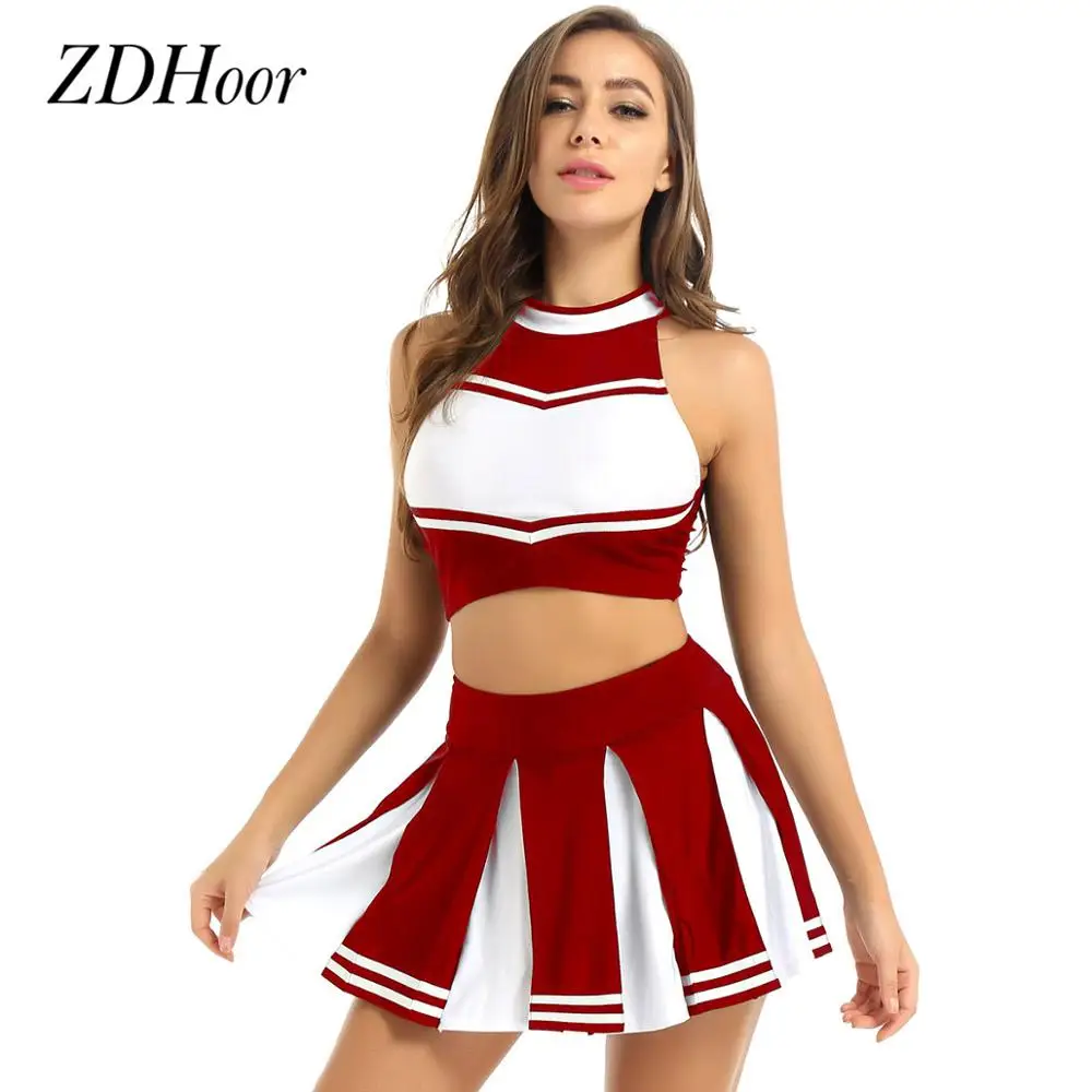 Costume de pom-pom girl d'écolière sexy pour femmes, uniforme de pom-pom girl adulte, tenue de phtali, haut court en fibre avec mini jupe plissée