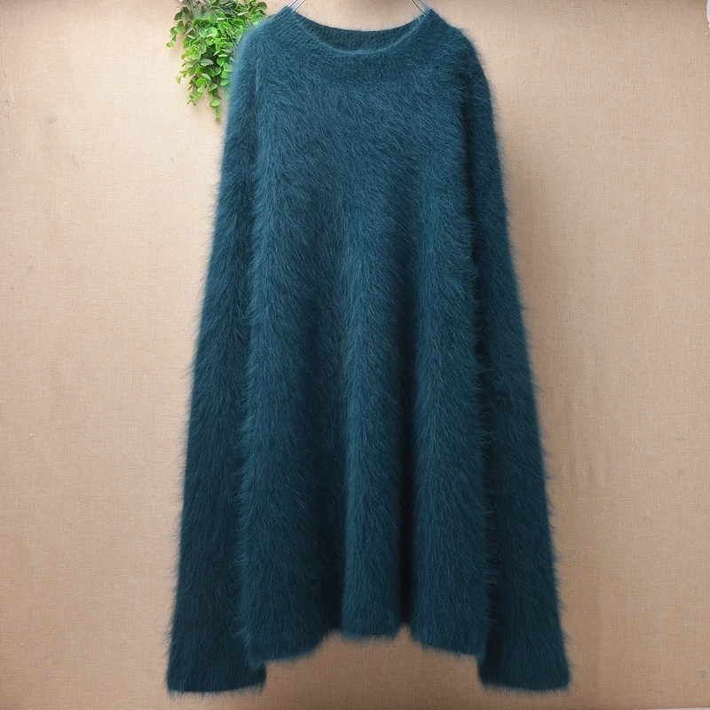 

female women autumn winter thick warm hairy mink cashmere knitted long sleeves loose lazy oaf pullover angora fur sweater dress