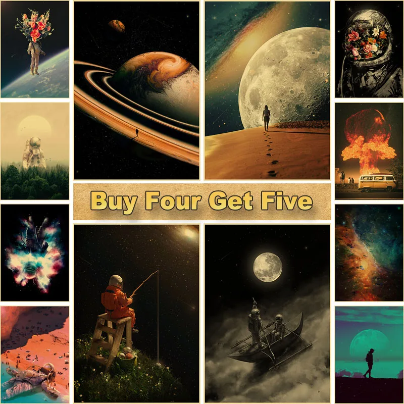 

Living Room Decoration Astronaut and Space Poster Kraft Paper Retro Posters Wall Sticker Home Bar Cafe Decorative Painting