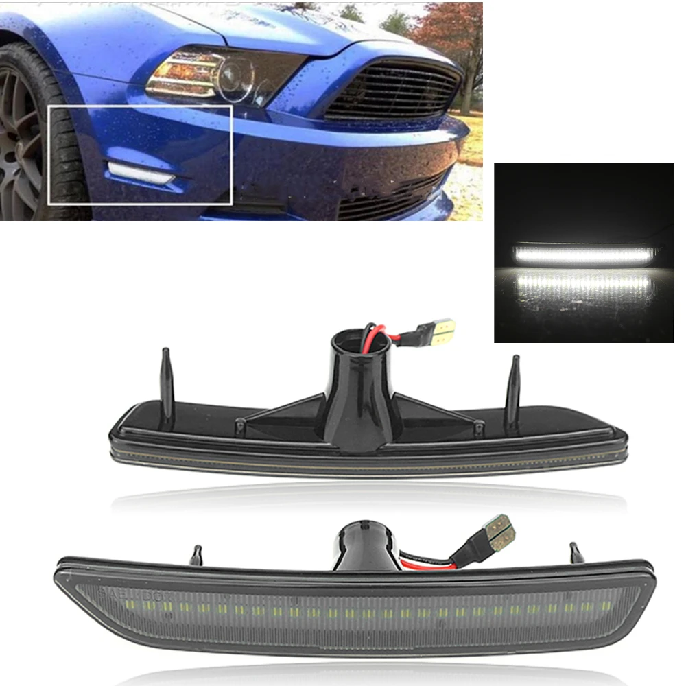 

For Ford Mustang GT 2010-2014 White LED Side Marker Light Smoked Black Cover Front Bumper Turn Signal Indicator Fender Lamp Bulb