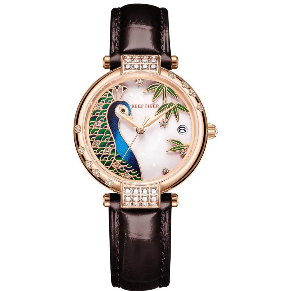 Reloj Automático de lujo de oro rosa - Reef Tiger RT Top Brand Day Date Function Moda Mujer Correa de cuero RGA1587