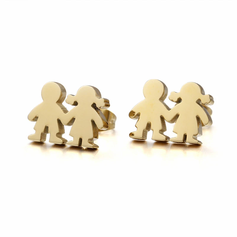 New Peru Lima Gold Color Boy Girl Charm Stud Earrings For Women Zircon & Stainless Steel Cartoon Figure Earrings Jewelry