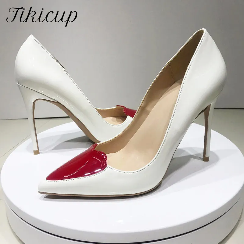 Tikicup Red Love Heart Patchwork Women White Patent Pointy Stiletto High Heels Ladies Chic Slip on Pumps Fashion Dress Shoes