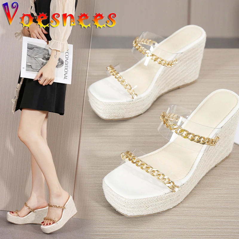 Modern Woman Slippers Fresh Blue New Metal Chain Summer  Nightclub Stripper Wedges Women Shoes Platform Transparent Sexy Sandals