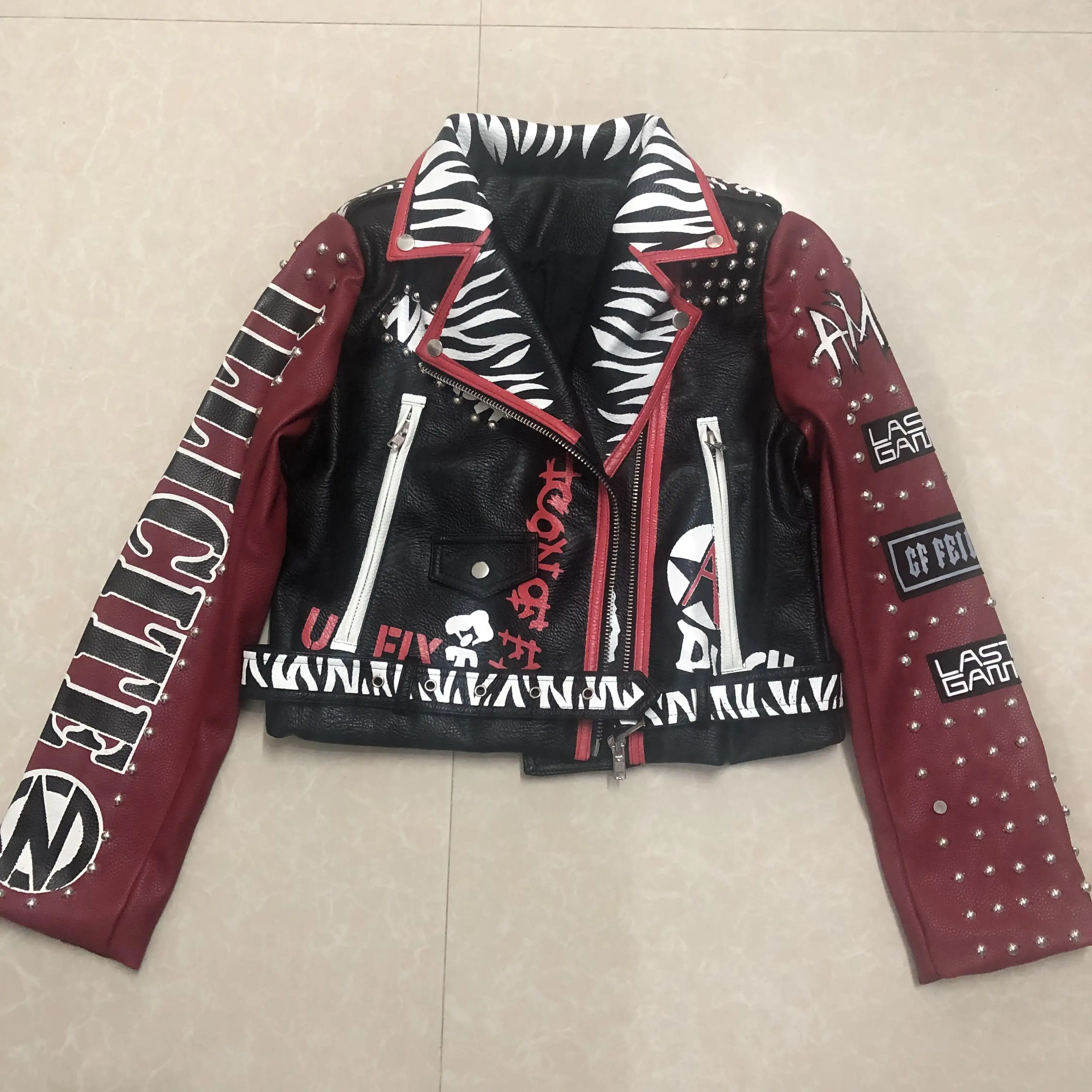 3D Graffiti soft pu leather jackets female cartoon character printed Jacket rivet beading Punk Rock Cropped leather Outerwear
