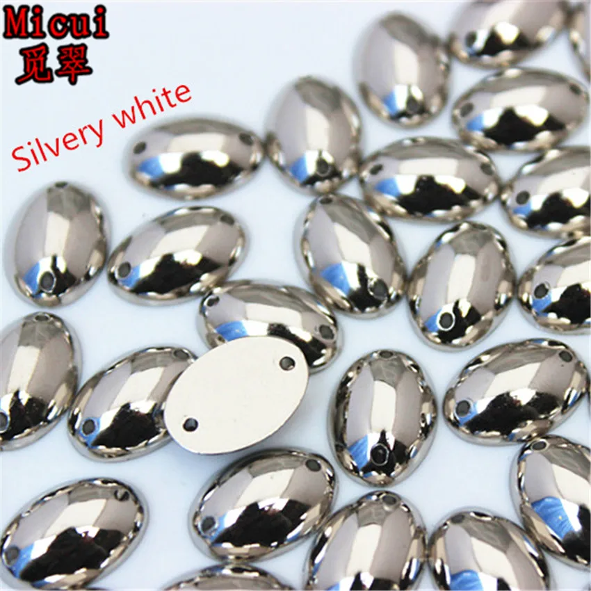 Micui 100PCS 10*14mm Silvery Oval Acrylic Rhinestones Sew On Stone Sewing Flatback Appliques for Crafts Clothes MC733